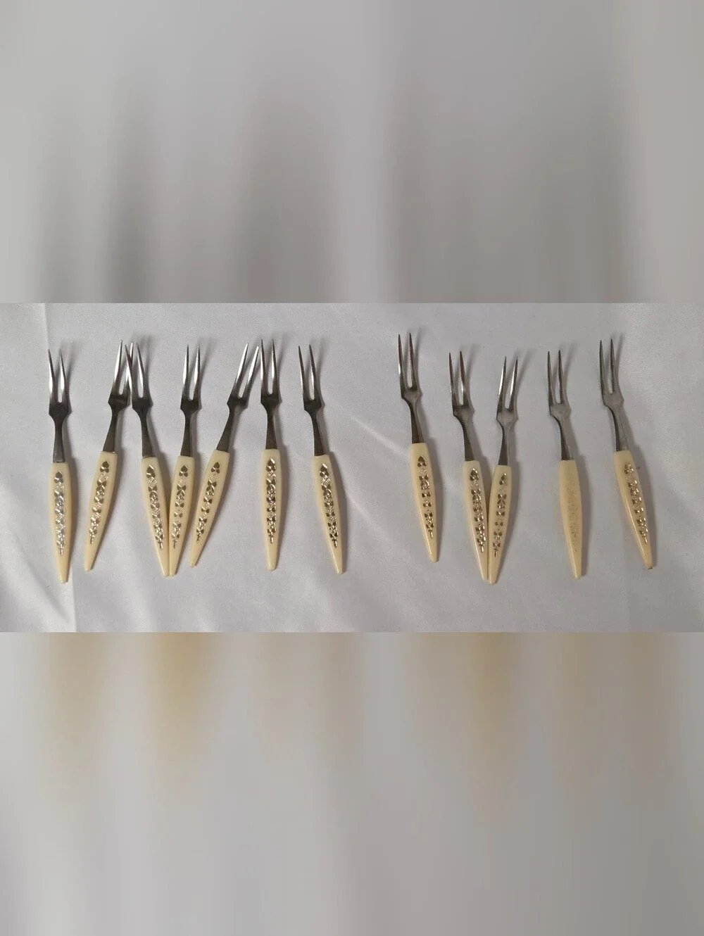 Vintage Mid Century Shrimp Seafood Appetizer Forks Set‎ Of 12 Gold Accent